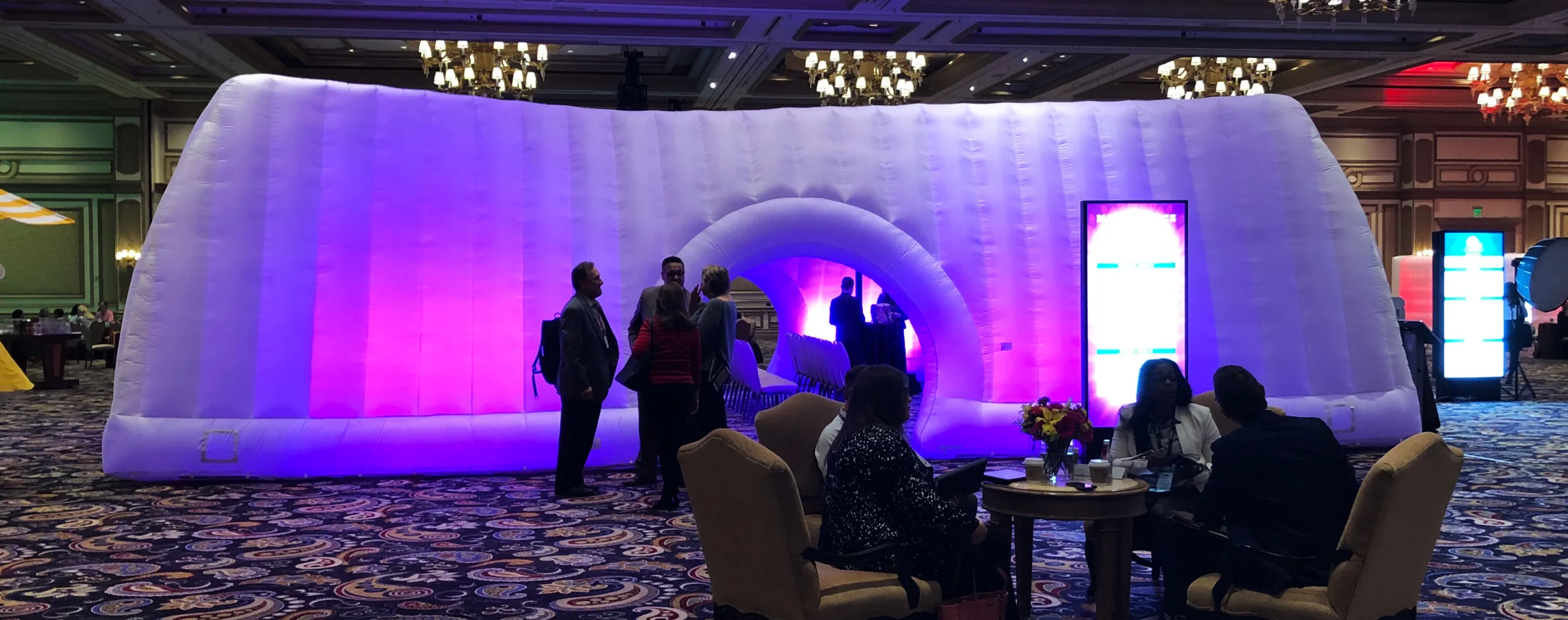 Pic showing a Created By Air Cuberamic inflatable event structure set up in the Bellagio ballroom