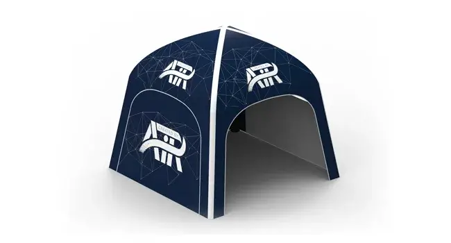 Render of a Created By Air Yurt in dark blue shown from an angle