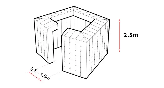 Angled plan view of Created By Air 3m Boxer temporary inflatable event structure with door opening and height measurements