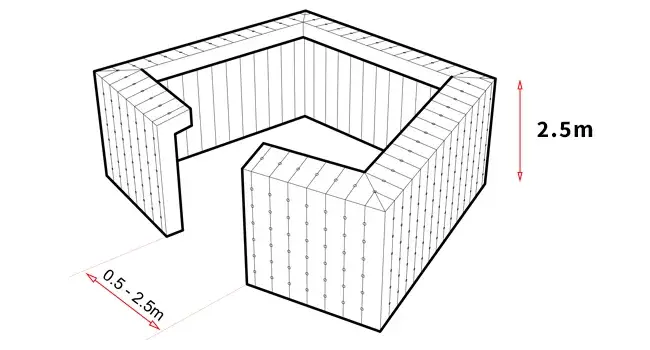 Angled plan view of Created By Air 5m Boxer temporary inflatable event structure with door opening and height measurements