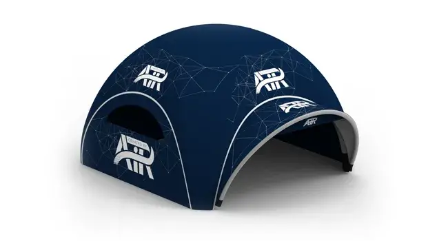 Render of a Created By Air X2 Tent in blue with canopy attached shown from an angle