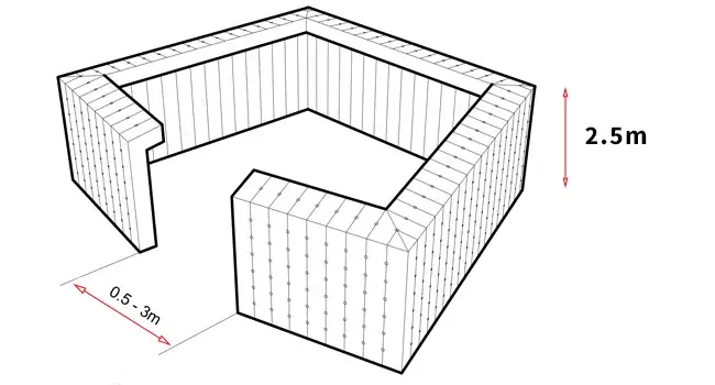 Angled plan view of Created By Air 6m Boxer temporary inflatable event structure with door opening and height measurements