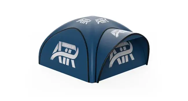 Render of a Created By Air X-tent in blue with side panels and sun canopy added