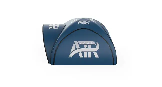 Render of a Created By Air blue X-tent seen from the side to display branding on walls