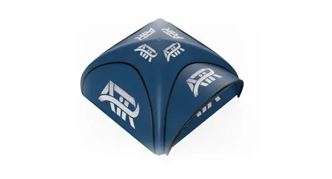 Render of a Created By Air blue X-tent seen from above to display branding