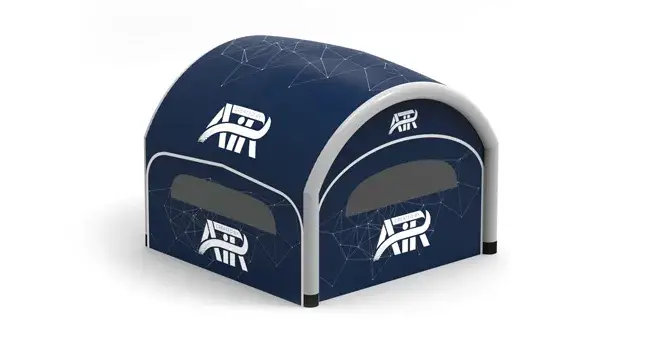 Render of a Created By Air N tent structure in blue with end panels in place at an angle