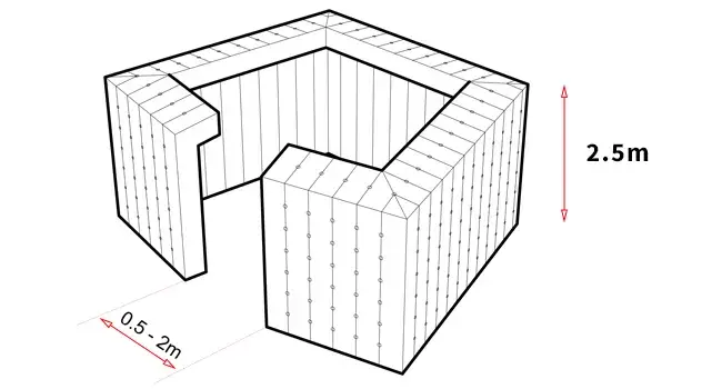 Angled plan view of Created By Air 4m Boxer temporary inflatable event structure with door opening and height measurements