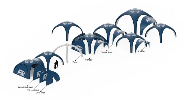 Render of some of the Created By Air blue X-tent range demonstrating the construction of the products