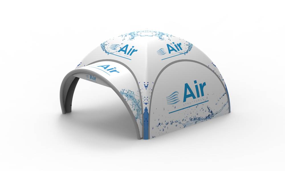 Render showing a Created By Air X Tent with awning and branded side panel