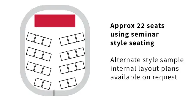 Sample seating plan showing seminar style seating within a Created By Air 5m x 4m Office temporary inflatable event structure