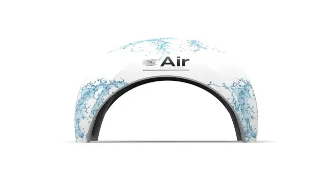 Render of a Created By Air X2 tent in white without side panels and sun canopy. Shown from the side